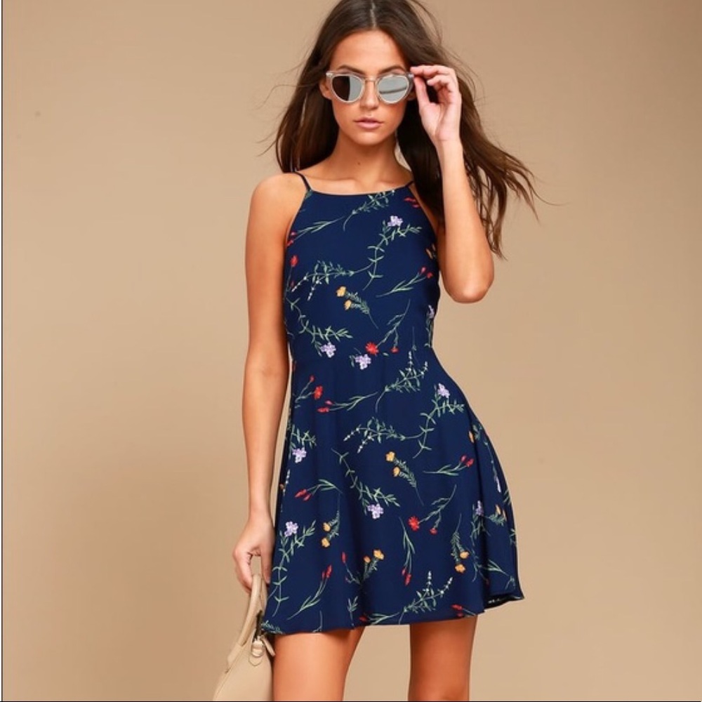 Lulus Navy Blue Floral Print Skater Dress